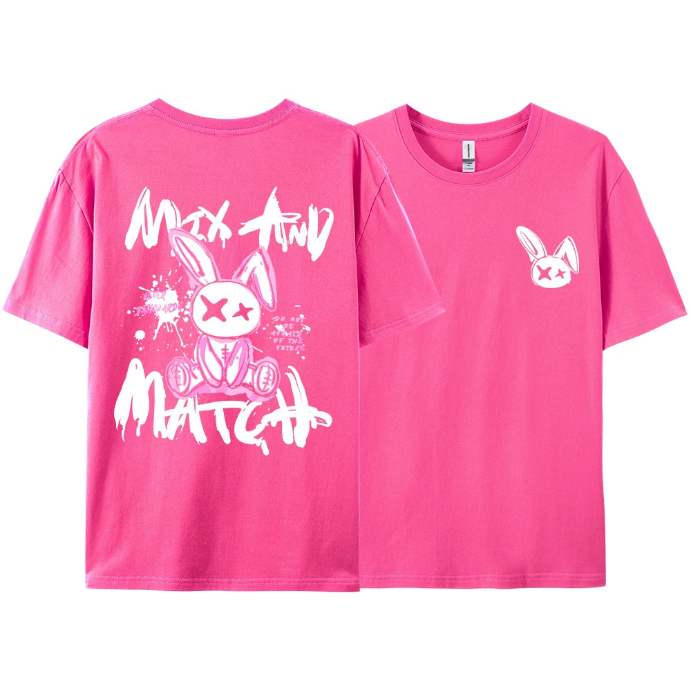 Pink Ragdoll Rabbit Harajuku Print T-Shirt Men Loose Oversize  Clothing Hip Hop Casual Short Sleeve S-XXXL Cotton T-Shirt Couple