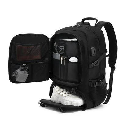 Black backpack with compartments and a shoe inside on a white background