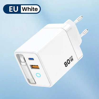 80W Super Fast Charge Type C USB Phone Charger With Telescopic USB C Cable For Iphone 16 15 Samsung Laptop With Light