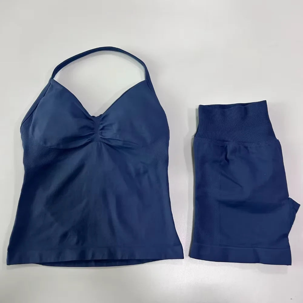 2Pcs Impacts Gym Set Tank Tops High Waist Scrunch Seamless Shorts Gym Suit Fitness Clothes Activewear Workout