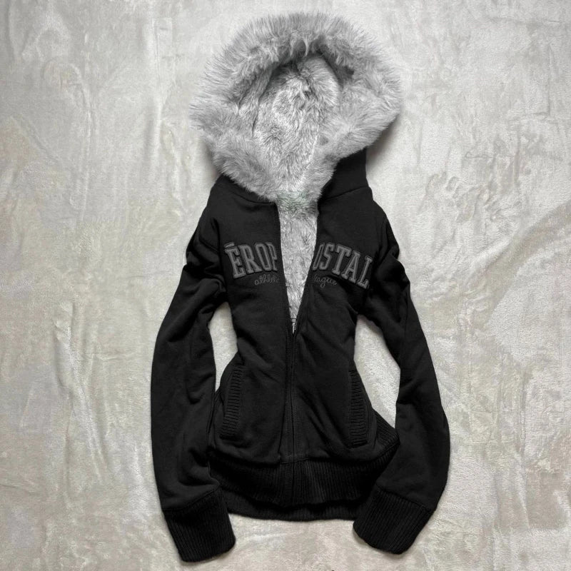 Fur Collar Zipper Hoodie Kawaii Tops Jacket Slim