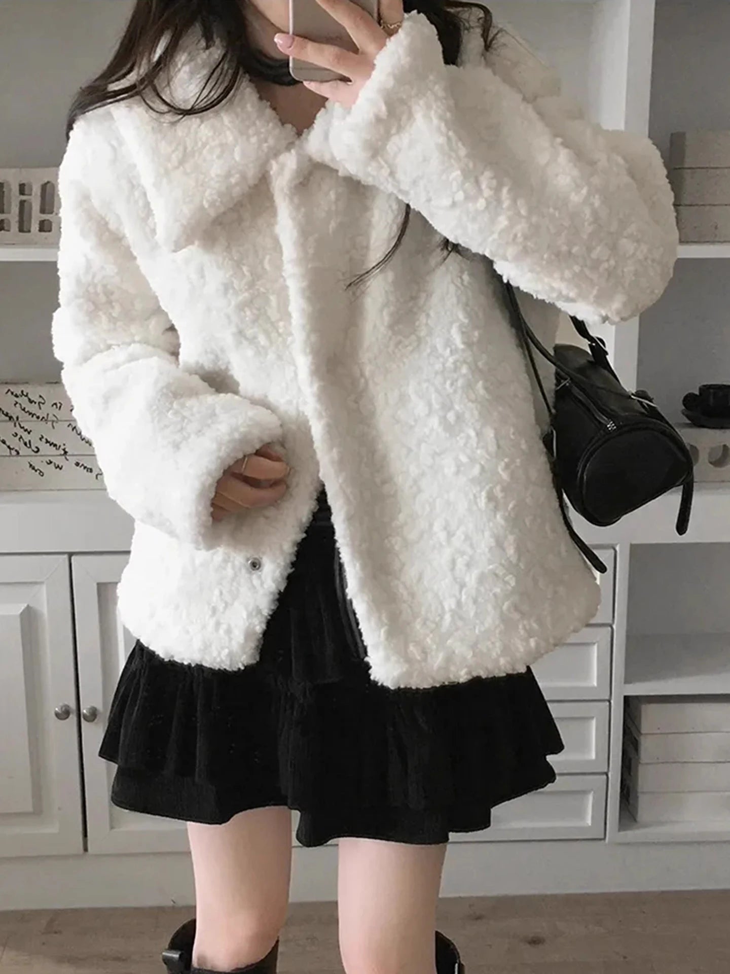 Cute Anti-Aging Doll Collar Cotton Lamb Fur ort Jaet Women's Winter Thiened Versatile Pure Color Cotton Coat