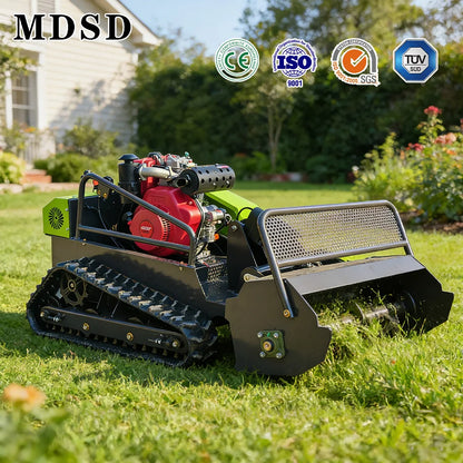 Stump grinder on grass with MDSD branding and certification logos in the background