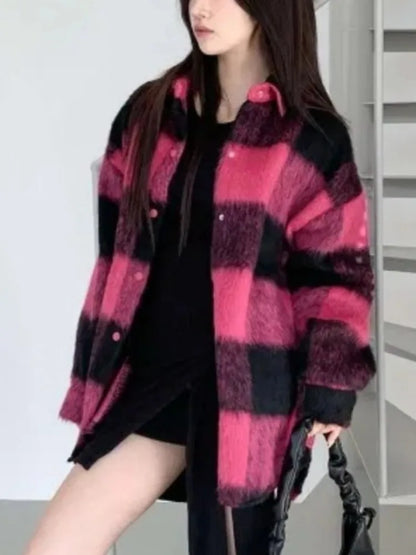 Chic Autumn Winter Thiened Warm Long Sve Women's Woolen Coat Casual Sle Loose Fit Plaid Pattern Button Detail irt