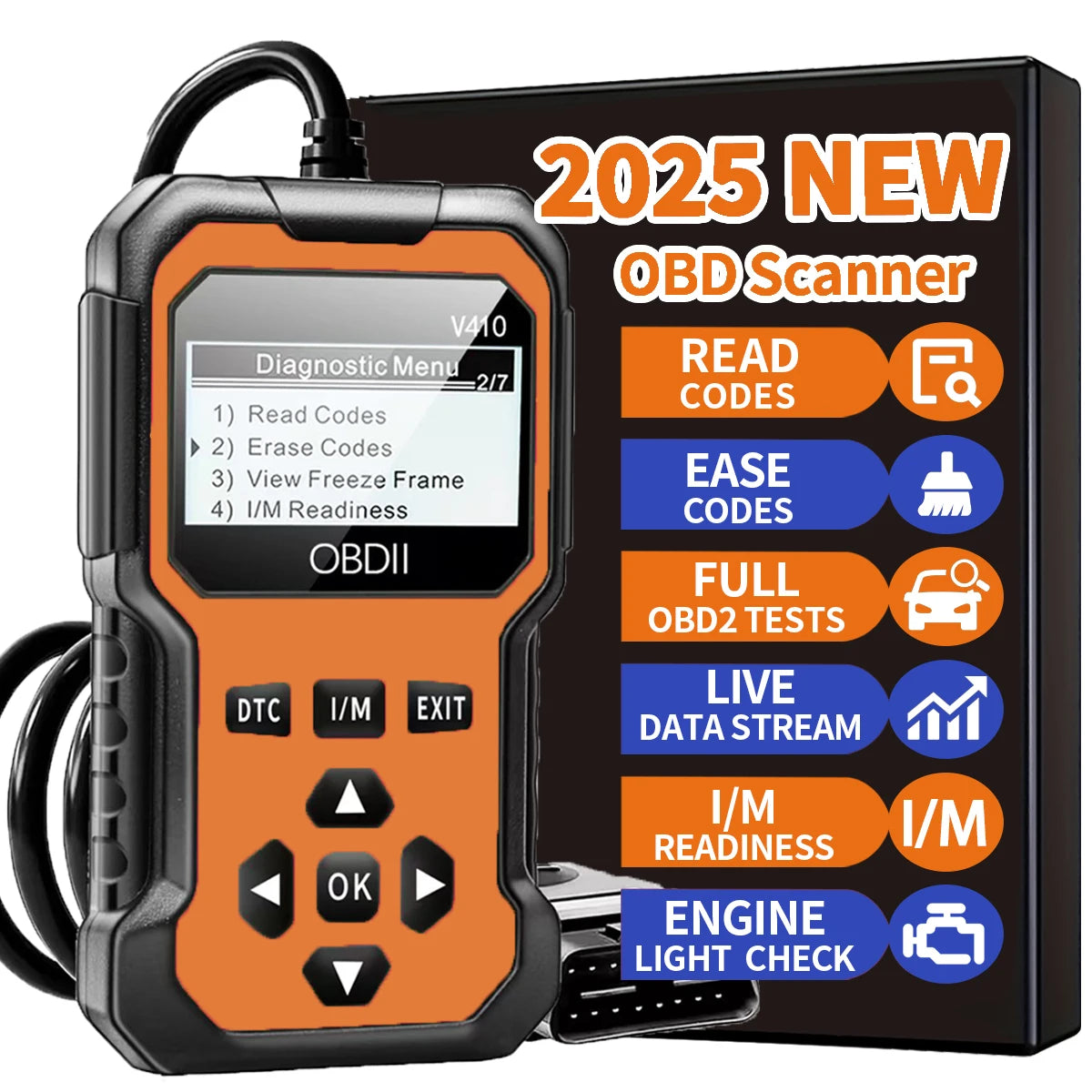 OBD scanner with features listed on a 2025 New OBD Scanner box.