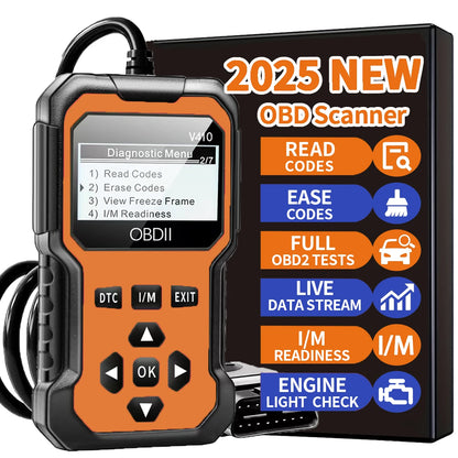 OBD scanner with features listed on a 2025 New OBD Scanner box.