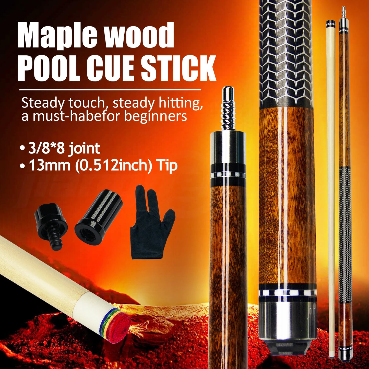 58.52in 3D Grip Hard Maple Brown Billiards Pool Cue Professional Anti Sweat and Anti Slip for Nine Balls Carom Competition Games