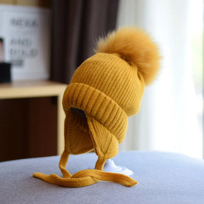 Große Pelzige Fuchs Fellball Kinder Ohrenschutz Mütze Mädchen Winter Dick Warm Plüsch Strickmütze Anti-Kälte Mütze Gorros Invierno 4m807
