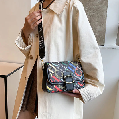 Winter Hot Sale Contrasting Color Letter Inkjet  Square Bag Luxury Trendy Single Shoulder Width Webbing Crossbody Women's Bag