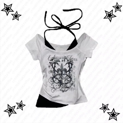 Women's 90s Vintage Punk T-Shirt Summer Streetwear Sexy Short Sleeve Gothic Slim Crop Top Hotgirl Casual Femme Tee Harajuku Y2k