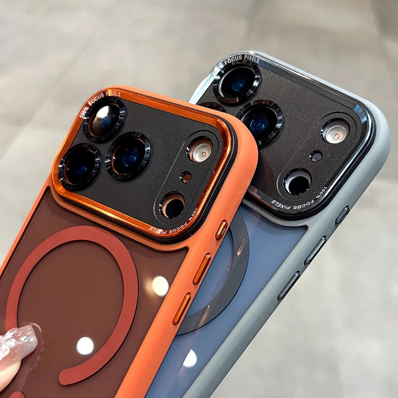Two phone cases, one orange and one blue, on a light gray background