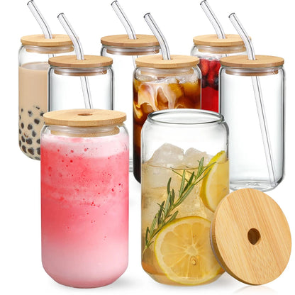 Set of glass jars with wooden lids and straws, containing various drinks.