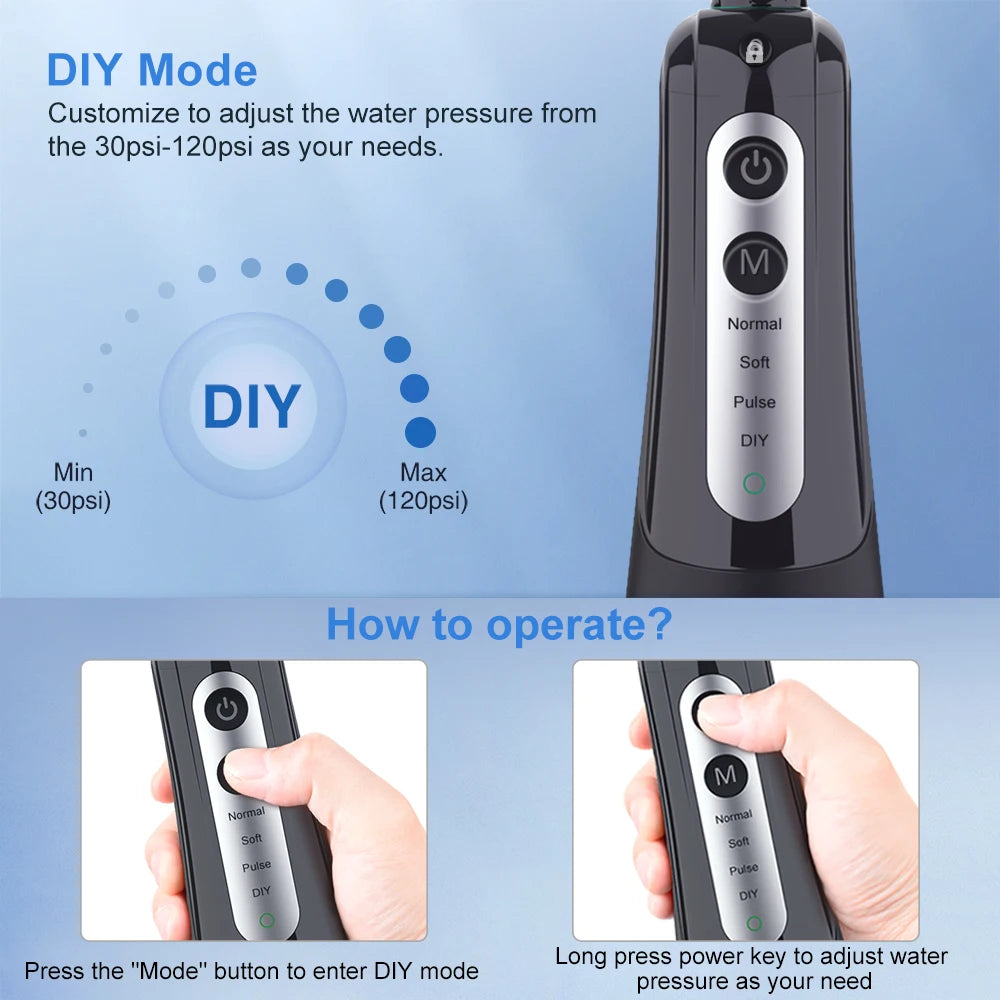 Handheld device with adjustable water pressure settings on a blue background