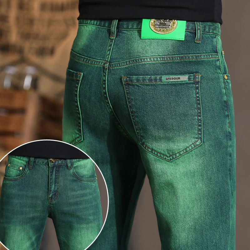 Emerald Green Jeans High-End Embroidery Slim Straight Denim Pants