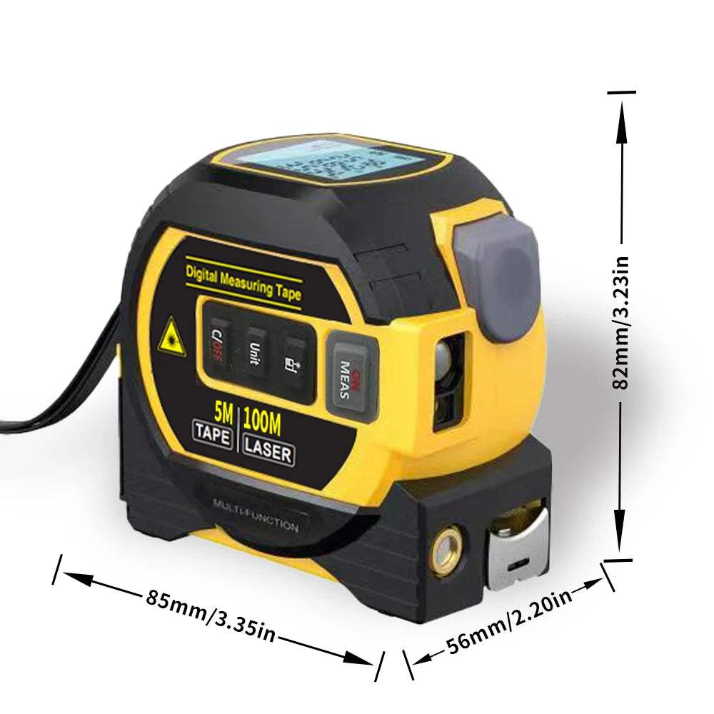 Digital measuring tape with laser function on a white background