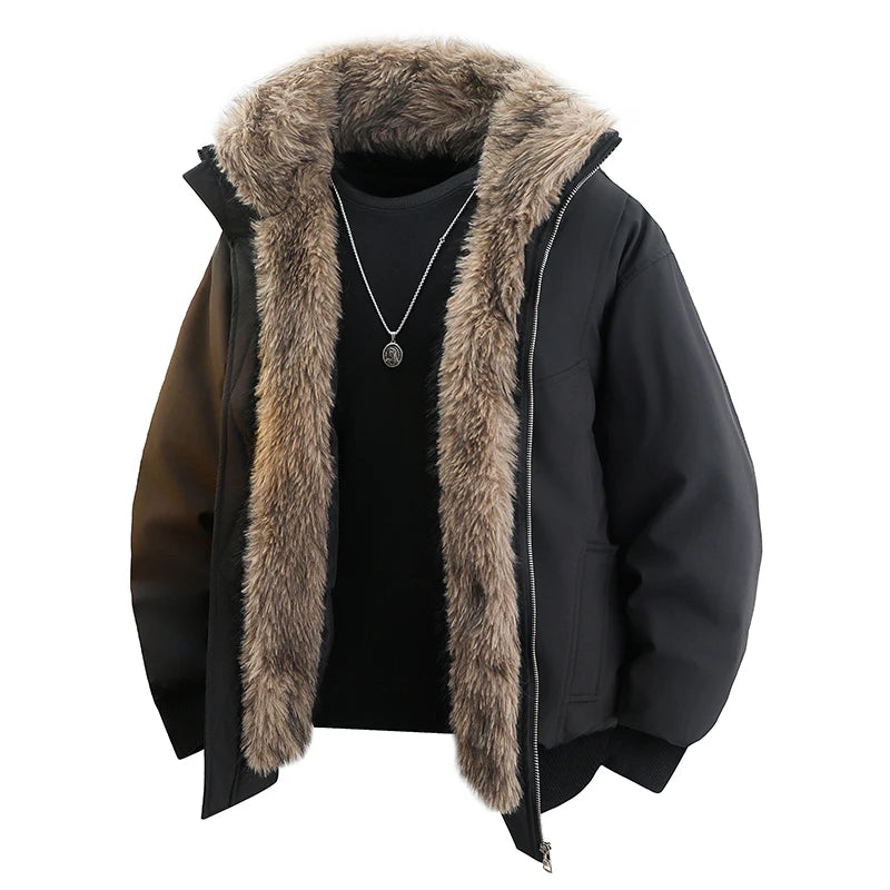 Men's 2025 Winter New Faux Fur Collar Padded Thickened Jackets Loose Comfort Warm Zipper Coats Male  Leisure Long Sleeve Jackets