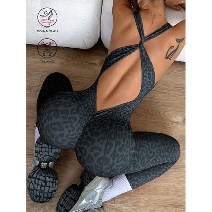 Damen Nahtloser Leopardendruck Cross-Back Jumpsuit Po-Lifting Yoga Bodysuit Hohelastischer Workout Fitness Athletic Catsuit