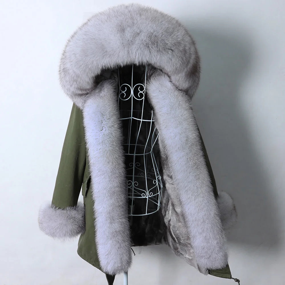 MAOMAOKONG 2023 Abnehmbarer Echtfuchs Pelzkragen Mäntel Damen Winterjacke Kapuze Kaninchenfellfutter Lange Parkas Damenbekleidung
