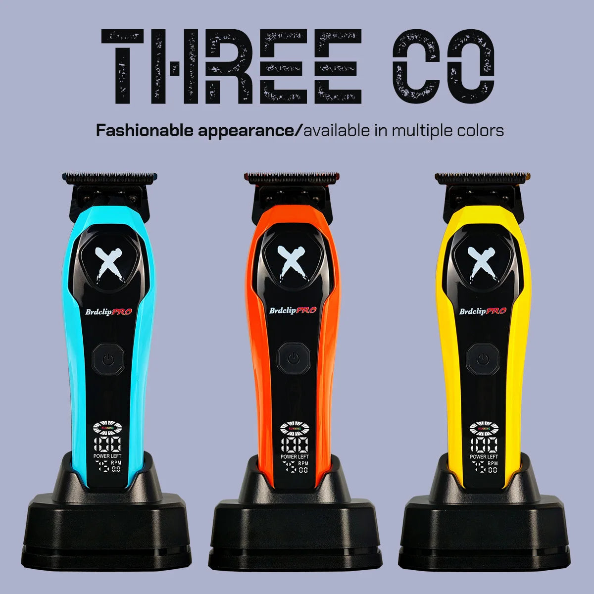 Three colorful hair trimmers on stands with 'THREE CO' branding and text about color options.