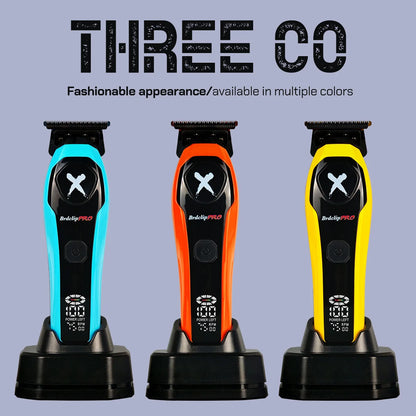 Three colorful hair trimmers on stands with 'THREE CO' branding and text about color options.