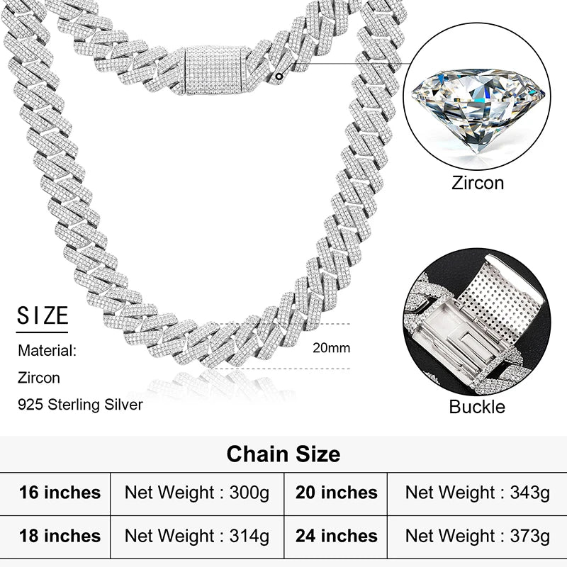 925 Sterling Silver 20mm 3 Row Cubic Zircon Men Cuban Chain Iced Out High Quality Hip Hop Jewelry Gift Dropshipping