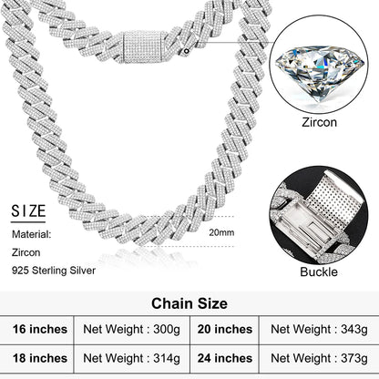 925 Sterling Silver 20mm 3 Row Cubic Zircon Men Cuban Chain Iced Out High Quality Hip Hop Jewelry Gift Dropshipping