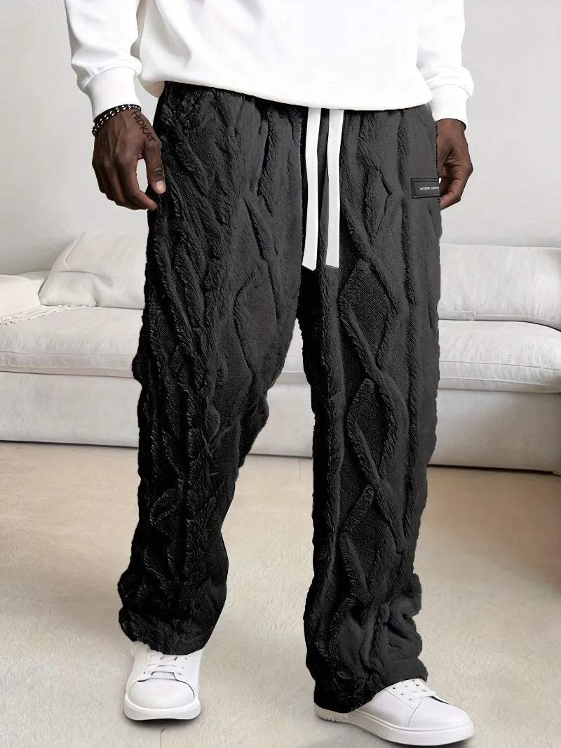 Men'S Winter Warm Fleece-Lined Pants with Drawstring Waist - Cozy Geometric Pattern Lightweight & Comfortable Outdoor Activities