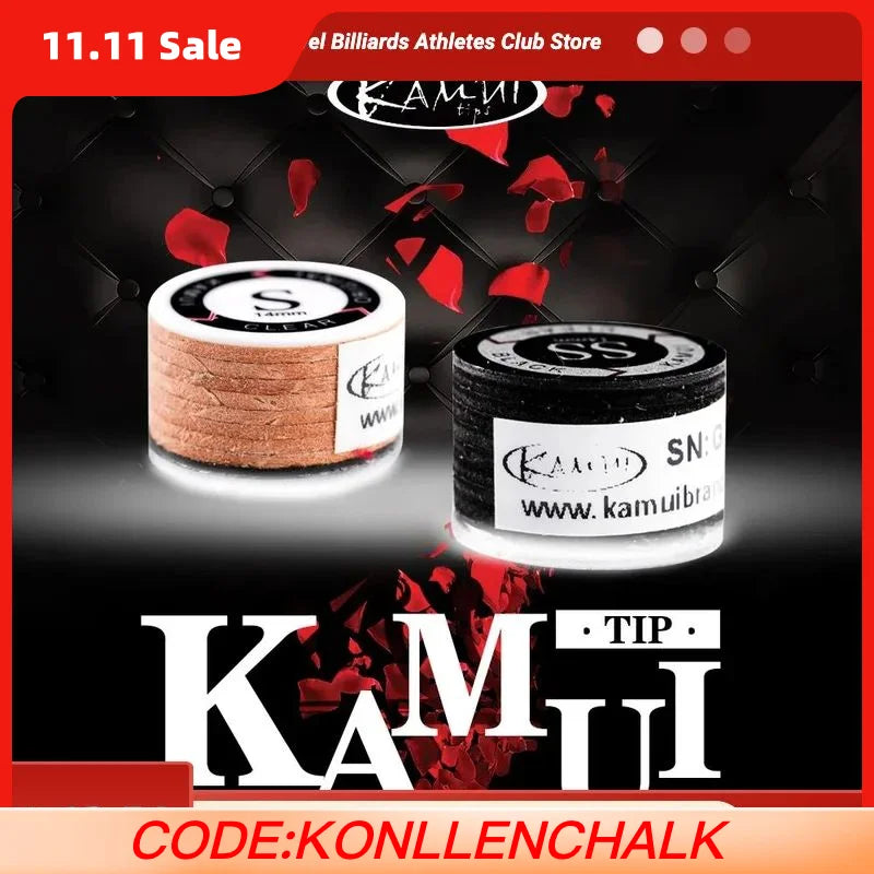 Two containers of Kamui pool cue tip chalk on a dark background with promotional text.