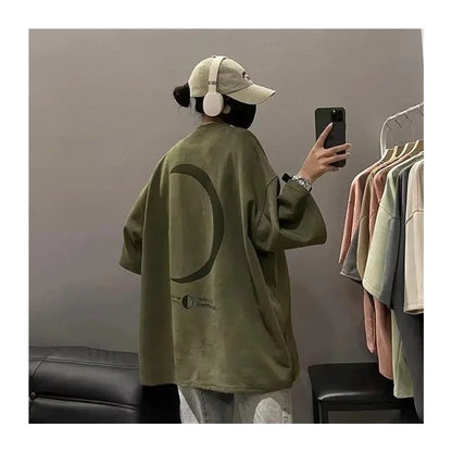 American Retro Suede Short Sleeve Men's T-shirt Trendy Oversize Military Green Five Sleeve Summer Loose Fit round Neck T-shirt