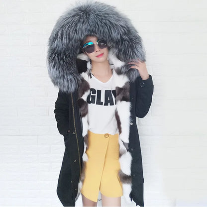 Maomaokong 2022 Winter Long Jacket Real Fur Coat Women Clothes Large Fur Collar Detachable Natural Fox Lining Parkas Leather Fur