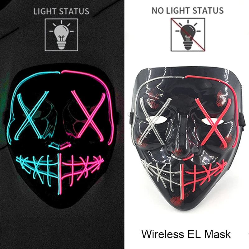Drahtlose Neon-LED-Reinigungsmaske, im Dunkeln leuchtende Cosplay-Horrormaske, Halloween-Maskerade-Partymasken, leuchtende, lustige Verkleidung