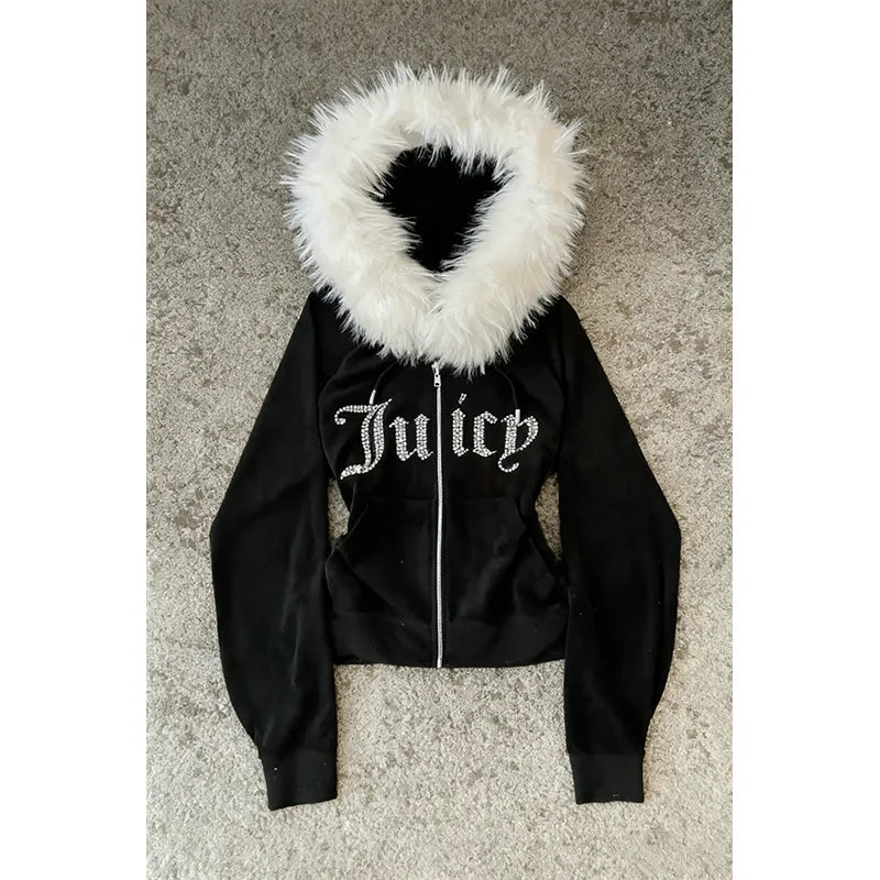 Fur collar cardigan sweatshirt zipper jacket European and American letter hot stamping retro sweatshirt jacke