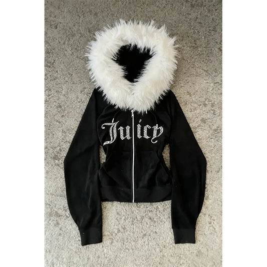 Retro Letter Print Fur Collar Zip Sweatshirt Jacket Unisex