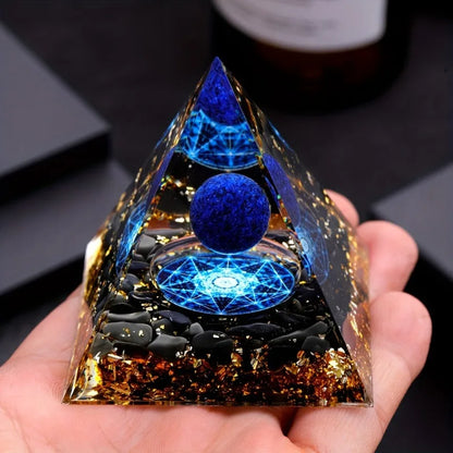 Lapis Lazuli Ball & Pyramid Crystal - Golden Base Decor
