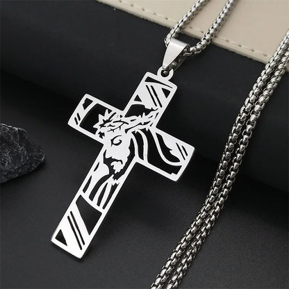 Hip Hop Punk Crown of Thorns Jesus Cross Necklace for Men Stainless Steel Gold Plated Crucifix Pendant Necklaces Jewelry