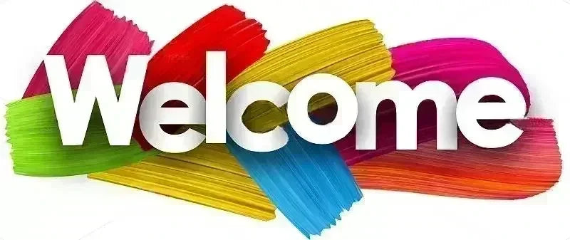 Colorful brush strokes spelling out the word 'Welcome' on a white background