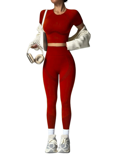 2Pcs Women's Sturdy Activewear Set, Breathable Waistless Short Sleeves and High Waist Pants, Yoga Gym Workout for Running,