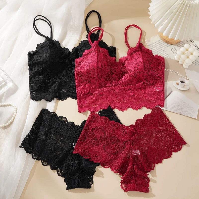 Damen Sexy Dessous-Set aus Spitze, einfarbig, wunderschöner Rücken, hohl, ohne Stahlring, Unterwäsche mit Spitzenblumen, atmungsaktives Höschen