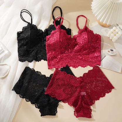 Damen Sexy Dessous-Set aus Spitze, einfarbig, wunderschöner Rücken, hohl, ohne Stahlring, Unterwäsche mit Spitzenblumen, atmungsaktives Höschen
