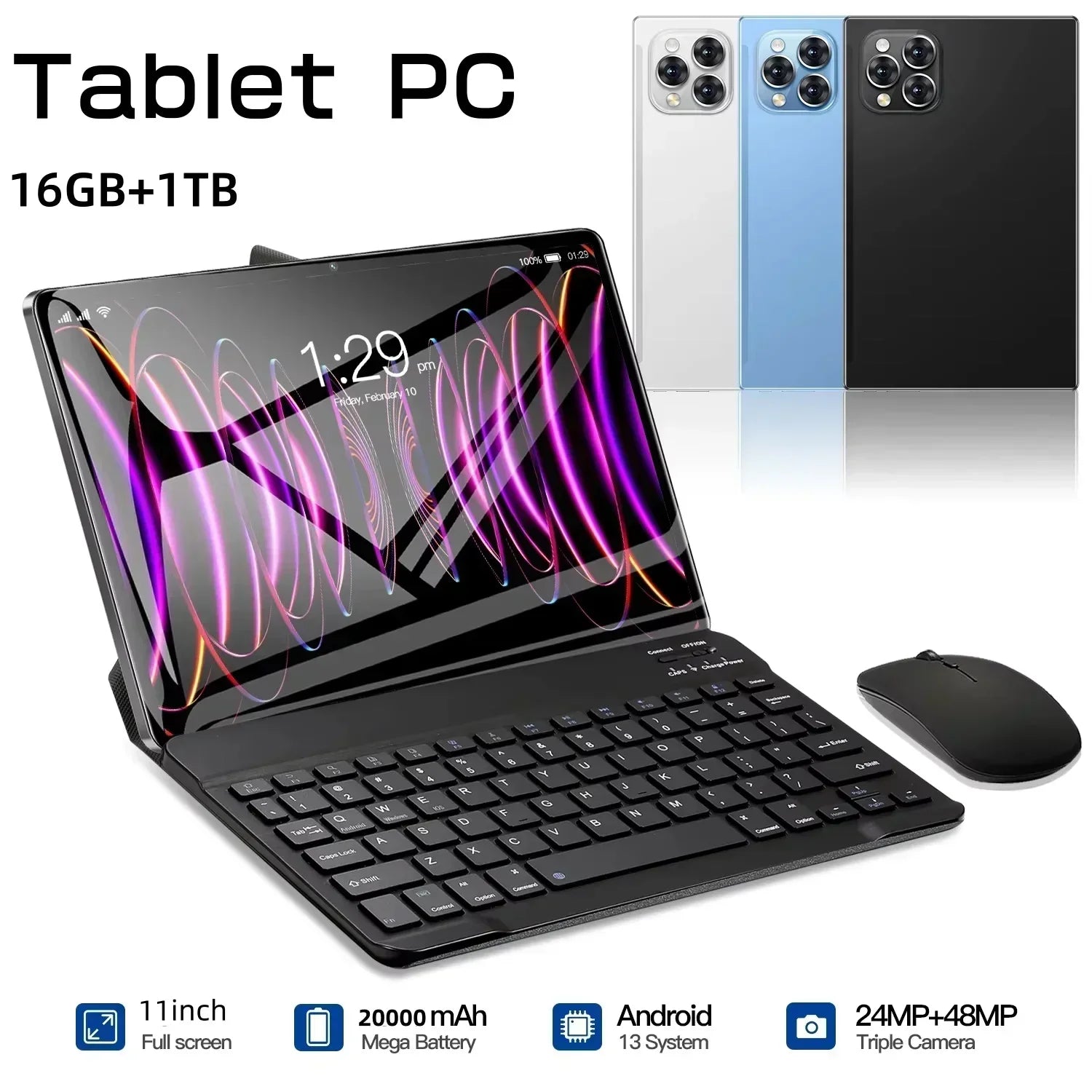 Tablet PC with keyboard and mouse, featuring 16GB+1TB storage, 11-inch screen, 20000mAh battery, Android 13 system, and 24MP+48MP camera.