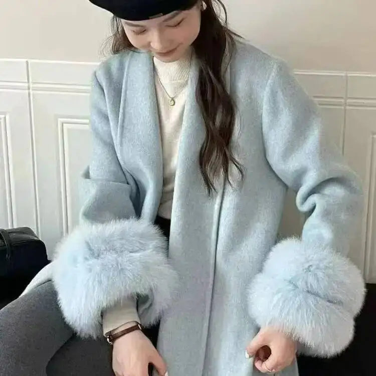 UCXQ Eleganter OL Business-Mantel Pelz-Patchwork Langarm Wollmantel Schöne Damenbekleidung Jacke Herbst 2025 Winter