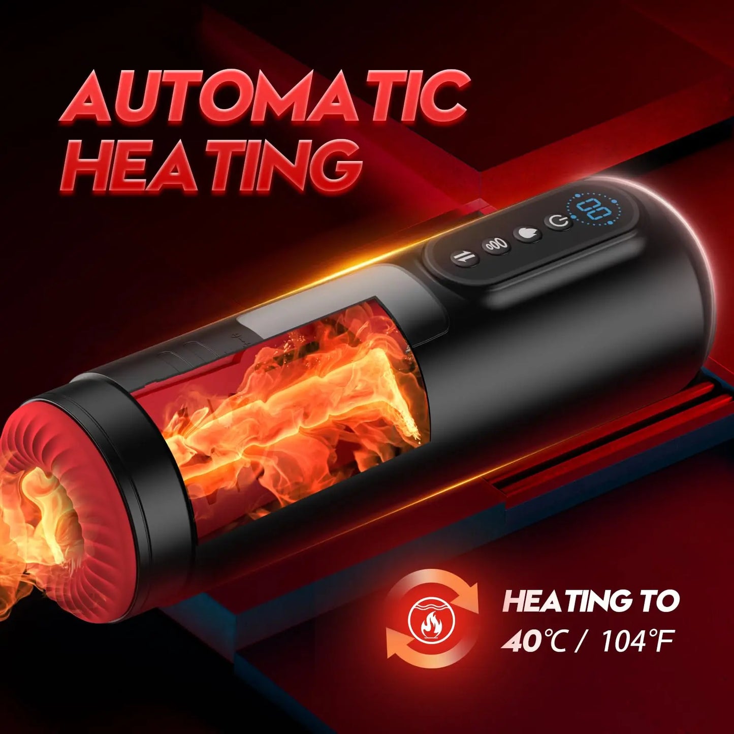 Automatic heating device with flames and digital display on a dark background