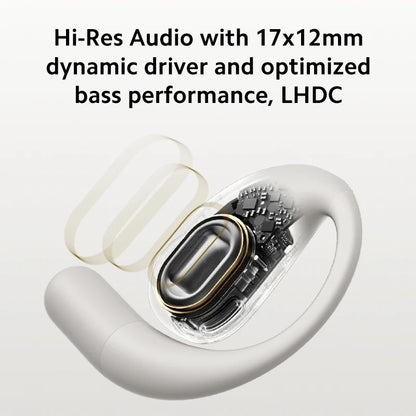 Close-up of wireless earbuds with technical specifications on a white background