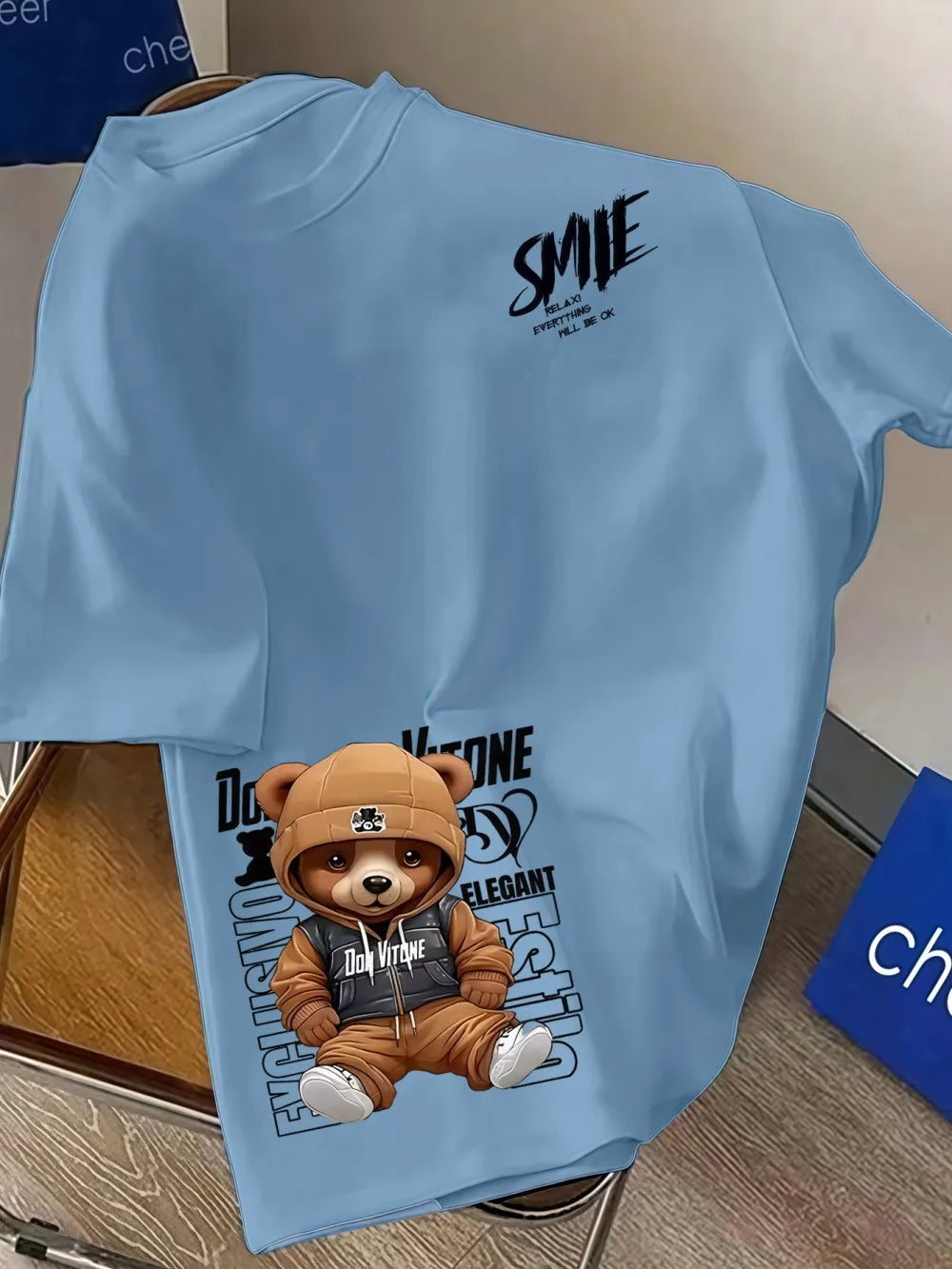 Europäisches und amerikanisches Herren-Sommer-T-Shirt mit personalisiertem Buchstaben-Bären-Print, bequem und atmungsaktiv, Rundhalsausschnitt, Outdoor-Streetwear-T-Shirt