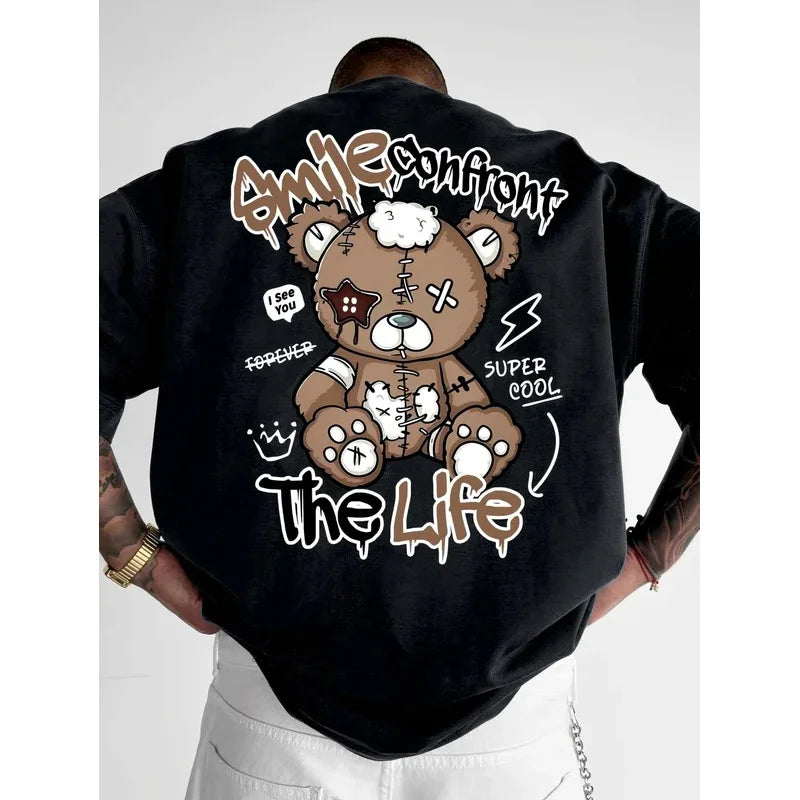 Summer's new fashionable men's Teddy bear letter printed comfortable and breathable neck T-shirt with outdoor high street top