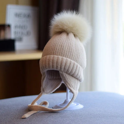 Große Pelzige Fuchs Fellball Kinder Ohrenschutz Mütze Mädchen Winter Dick Warm Plüsch Strickmütze Anti-Kälte Mütze Gorros Invierno 4m807