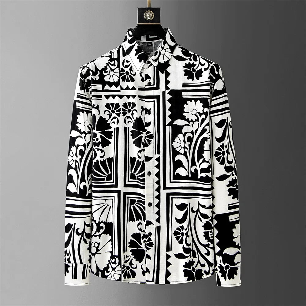 Black and white patterned shirt on a gray background