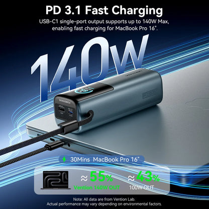 Vention Power Bank 27000mAh 200W PD Fast Charger with Built-in USB-C Cable External Spare Battery Portable Power Bank for Laptop