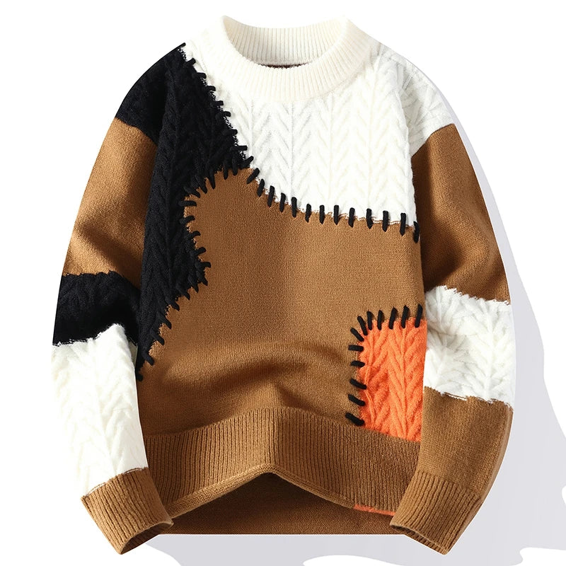 Korean Street Patchwork Knitwear Fashionable Men Sweater Stitching Contrast Long-sleeved Sweaters Christmas Knit Pullover