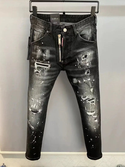 Men's Light Luxury Black Ripped Patch Slim Fit Jeans